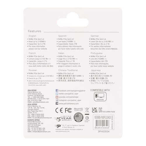 Unidad de Estado Sólido Patriot P300 512Gb M.2 2280 Pcie Gen 3 X4