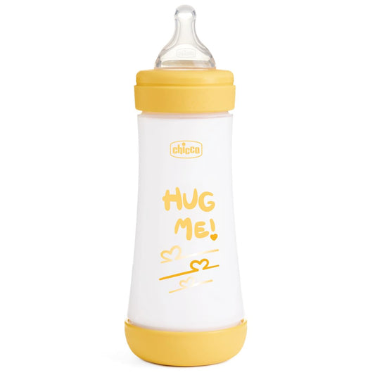 Chicco Perfect 5 Biberones Anticólicos con Tetina de Silicona de Flujo Rápido para Bebés 4 Meses, Biofuncional con Sistema Intuiflow, Color Amarillo, 300 ml