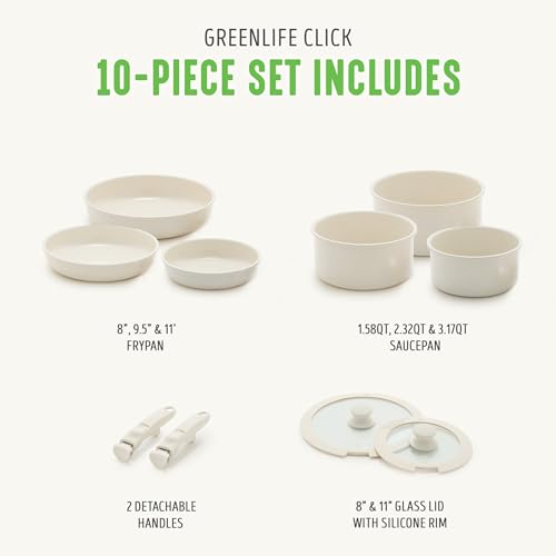 GreenLife - Juego de 10 ollas y sartenes de cerámica, antiadherentes, desmontables y apilables, sartenes de cocina de inducción, ahorro de espacio con mango extraíble, apto para horno, no tóxico, sin