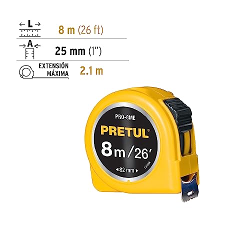 Flexómetro Pretul Amarillo 8m cinta 25 mm Tarjeta Plástica