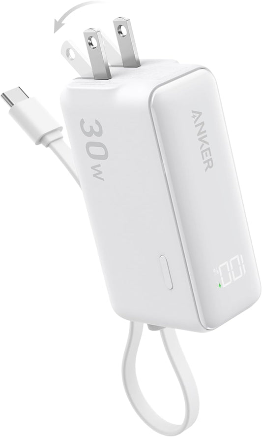 Cargador Portátil Anker USB C Negro con Cable y Enchufe Plegable de 5000mAh 30W para iPhone 15 y Samsung Galaxy