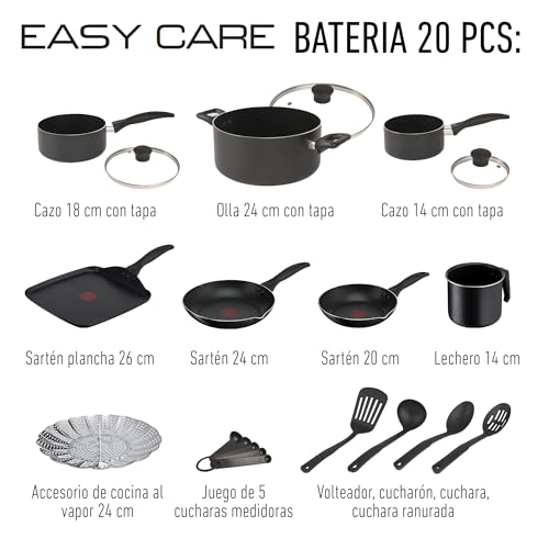 Batería de Cocina T-fal Negra con Antiadherente Titanium y Tecnología Thermo Señal de Fácil Limpieza 20 Piezas
