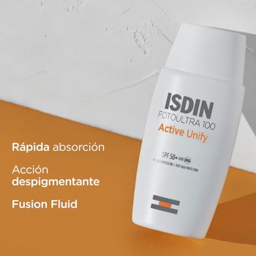 ISDIN FotoUltra 100 Active Unify SPF 50+, Protector Solar Facial, Aclara y unifica el tono de piel, 50 ml