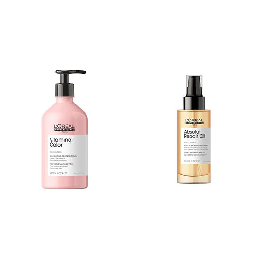 L'Oréal Professionnel Shampoo Anti Deslave Vitamino Color | Hidrata, Nutre Y Protege el color | 500ML + L'Oreal Professionnel Suero reparador de cabello danado 90 ml serie expert absolut repair gold