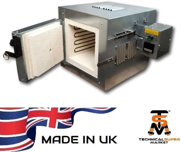 Horno de mufla eléctrico de 1100°C con cámara de 11,5 litros cúbicos y controlador de temperatura/tiempo fácil de usar