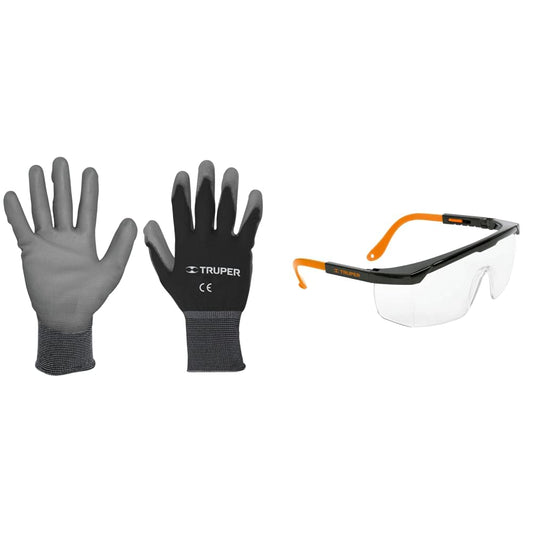 Guantes de Nylon con Recubrimiento de Poliuretano Truper Negro Medianos y Lentes de Seguridad Ajustables LEN Transparente Classic