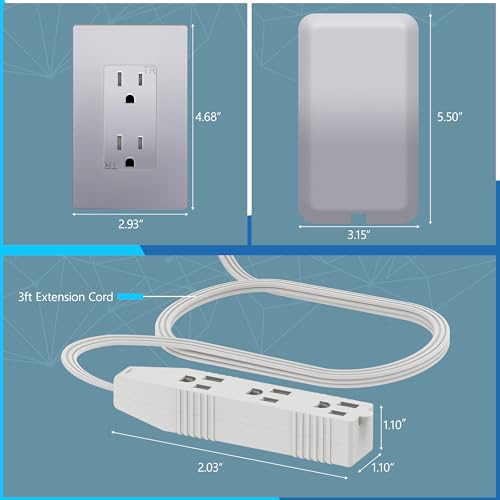 LIDER Extensor de salida de cara plana con 3 receptáculos, enchufe ultrafino de placa de pared con extensor de cable y tira de alimentación de 3 tomas, cable de 91.44 cm, LWE3-315-SV, SV