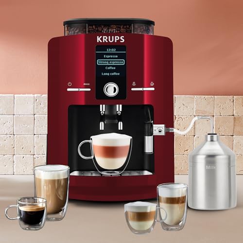 KRUPS Espresseria automática roja, es como un barista en casa gracias a su sistema Quattro Force, 1450 W, con molino integrado de 3 niveles. Capacidad 1.8 L, EA825511