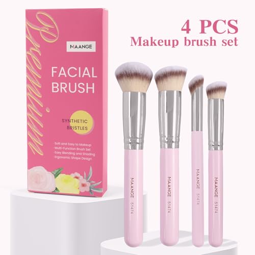 MAANGE Set de Brochas de Maquillaje 4 Piezas Brochas de Maquillaje Profesional Brocha para Base de Maquillaje con Caja de Regalo(Rosado)