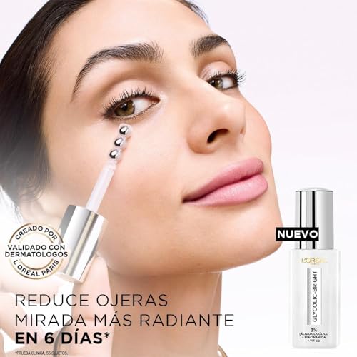 L'Oréal Paris Sérum de Ojos anti-ojeras Glycolic Bright, 30ml - con Ácido Glicólico y Niacinamida, reduce ojeras, mirada radiante en 6 días*, combate todo tipo de manchas