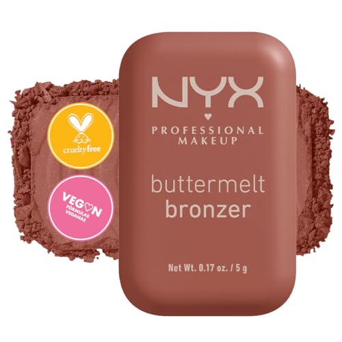 NYX Professional Makeup, Buttermelt Bronzer, Tono: Butta Off (café mocca). Bronceador cremoso en polvo infusionado con manteca de karité, mango y almendras, hasta 12hrs de uso, no se desvanece, resistente a transferencias. Fórmula vegana.