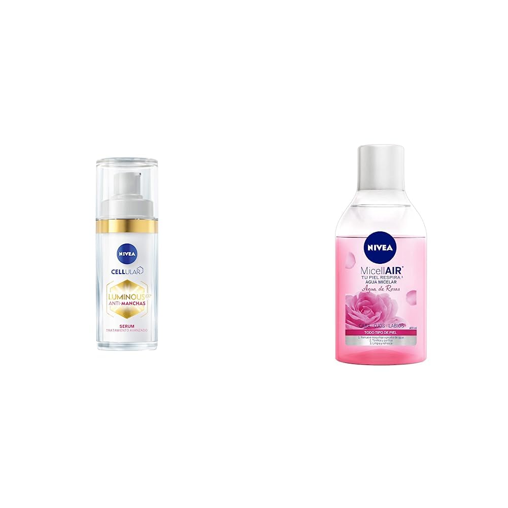 NIVEA Cellular LUMINOUS630 Anti-manchas Serum Facial Aclarador de Piel (30 ml), Crema Facial Enriquecida Con Ácido Hialurónico + Agua Micelar Desmaquillante Agua de Rosas (400 ml)