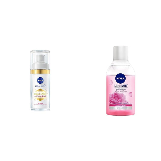 NIVEA Cellular LUMINOUS630 Anti-manchas Serum Facial Aclarador de Piel (30 ml), Crema Facial Enriquecida Con Ácido Hialurónico + Agua Micelar Desmaquillante Agua de Rosas (400 ml)