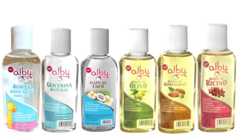 Pack de 6 Aceites Corporales Alby con Almohadilla Facial y Pads Desmaquillantes - Elimina Estrías, Estimula el Crecimiento de Pestañas, Hidrata y Suaviza la Piel - Limpieza Facial y Cuidado Personal - Almohadillas de Algodón.