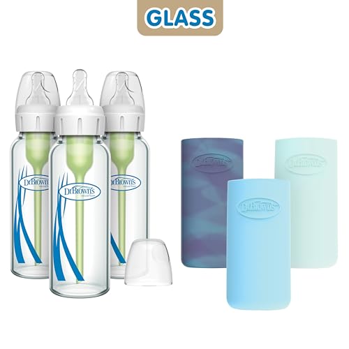 Dr. Brown's Options+ Narrow Bottle, Glass Baby Bottle with Silicone Sleeve Variety Pack 8 Ounce - Glow/Blue/Mint