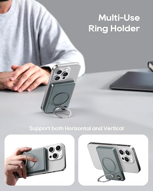 Kuulaa Power Bank 10000mAh, Batería Portátil Inalámbrica con Pantalla LED, Soporte Plegable, Carga Rápida PD 20W USB-C, Compatible con iPhone 16/15/14/13/12/Pro/Mini/Pro MAX (Gris)
