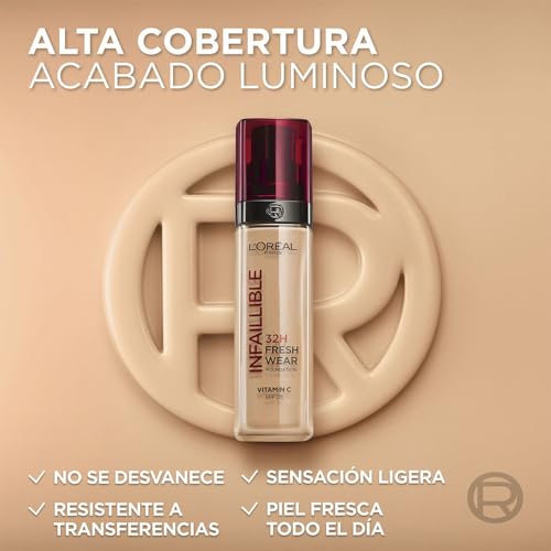 L´Oréal Paris base de maquillaje de alta cobertura luminosa y larga duración de alta cobertura, Infallible 32h Freshwear Tono 120 Golden Vainilla, 30ml