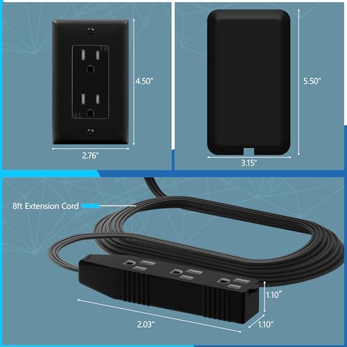 LIDER Extensor de Tomacorriente de Cara Plana con 3 Receptáculos, Placa de Pared Ultra-Delgada con Extensor de Cable y Regleta de 3 Tomas, Cable de 8 pies, LWE8-315-BK, Certificado ETL, Negro