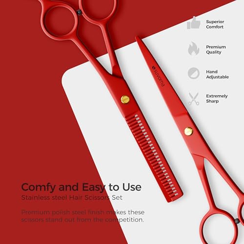 Suvorna Juego de tijeras de corte de pelo de 6,5 pulgadas con tijeras de adelgazamiento para peluqueros, peluqueros, uso doméstico - Juego de tijeras de pelo para adelgazar y cortar (rojo)