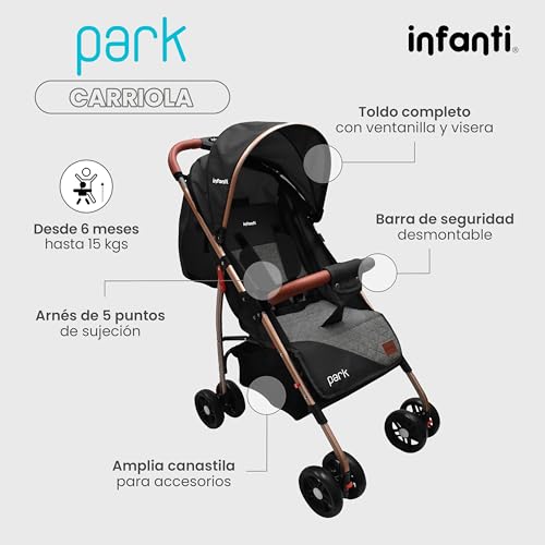 INFANTI | Carriola para Bebe PARK Negro | Carreola con Portabebé - Carriola de Viaje - Carrito para Bebe | Cosas para Bebes 6 Meses hasta 15 kg - Compacta y Plegable | Barra de Seguridad Desmontable