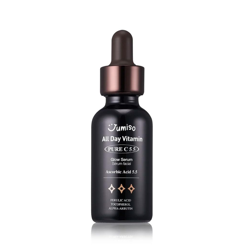 Jumiso All Day Vitamin Pure C 5.5 Glow Serum | Ácido L-ascórbico, ácido ferúlico, tocoferol, alfa arbutina, suero de vitamina C pura para manchas oscuras, opacidad, líneas finas, sin fragancia, sin parabenos, 1.01 fl oz, 1.0 fl oz