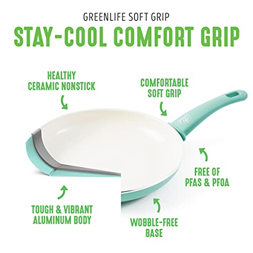 GreenLife - Sartén antiadherente de cerámica suave de agarre suave, 11 pulgadas, sin PFAS, apto para lavaplatos, turquesa