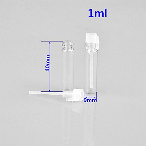 Enslz 1ml 100Pcs Mini Sample Cute Glass travel Oil Perfume Bottle With drop& Spray Empty Sample Bottle for Essential Oils Aromatherapy (1ml)