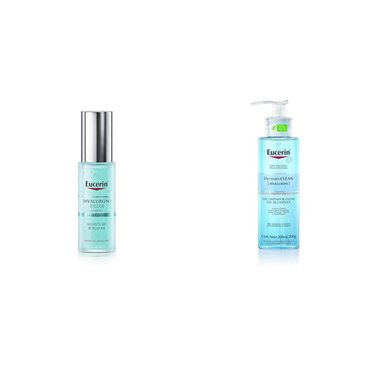 Eucerin Gel hidratante ácido hialurónico Hyaluron Filler Moisture Booster,30ml + Gel Limpiador Facial DermatoClean para piel normal a mixta, 200ml, empaque puede variar