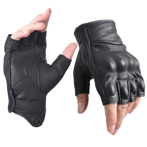 Guantes de Motocicleta Guantes de Cuero de conducción de Motor de Medio Dedo para los Hombres Guantes sin Dedos (Medium)