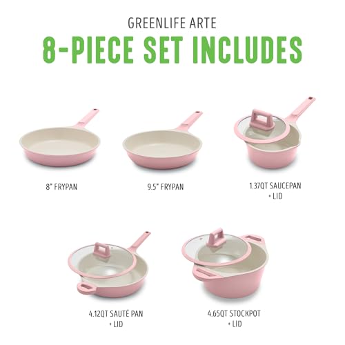 GreenLife Arte - Juego de ollas y sartenes antiadherentes de cerámica de 8 piezas, apto para inducción, última intervensión de PFOA y PFAS, asas que se mantienen frescas, tapas de vidrio, cacerolas y