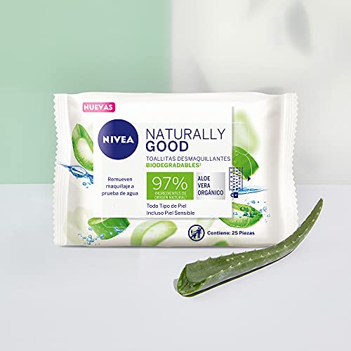 NIVEA Toallitas Faciales Desmaquillantes Biodegradables Naturally Good (25 piezas), Enriquecidas con Aloe Vera Orgánico, Remueven maquillaje a prueba de agua, ideal para Todo tipo de Piel