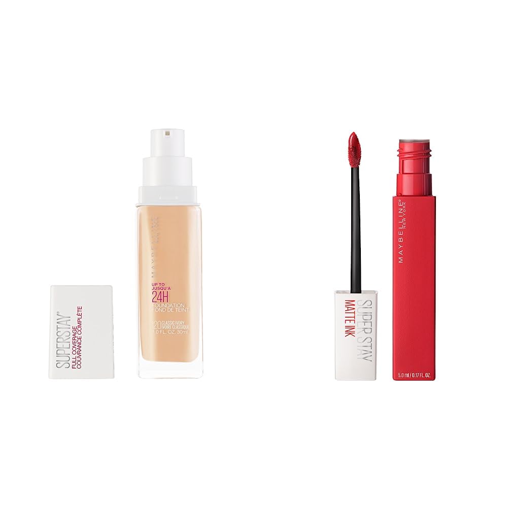 Maybelline Base de Maquillaje Superstay, Full Coverage, 120 Natural Ivory, 30 ml + Labial Liquido Matte, Larga Duracion, Superstay Matte Ink 20 Pioneer, 5 g