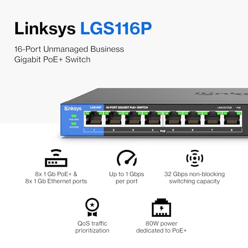 Linksys Business 16-Port Network Switch (Unmanaged Gigabit Ethernet Switch/16-Port PoE Switch)