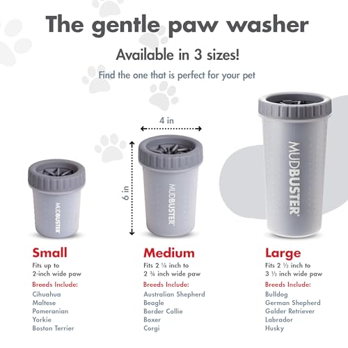 Dexas Medium MudBuster - Lavadora portátil para patas de perro, gris claro, suministros para mascotas y accesorios para perros de alta calidad, limpieza, autolimpiante, silicona, 6 x 6 x 6 pulgadas,