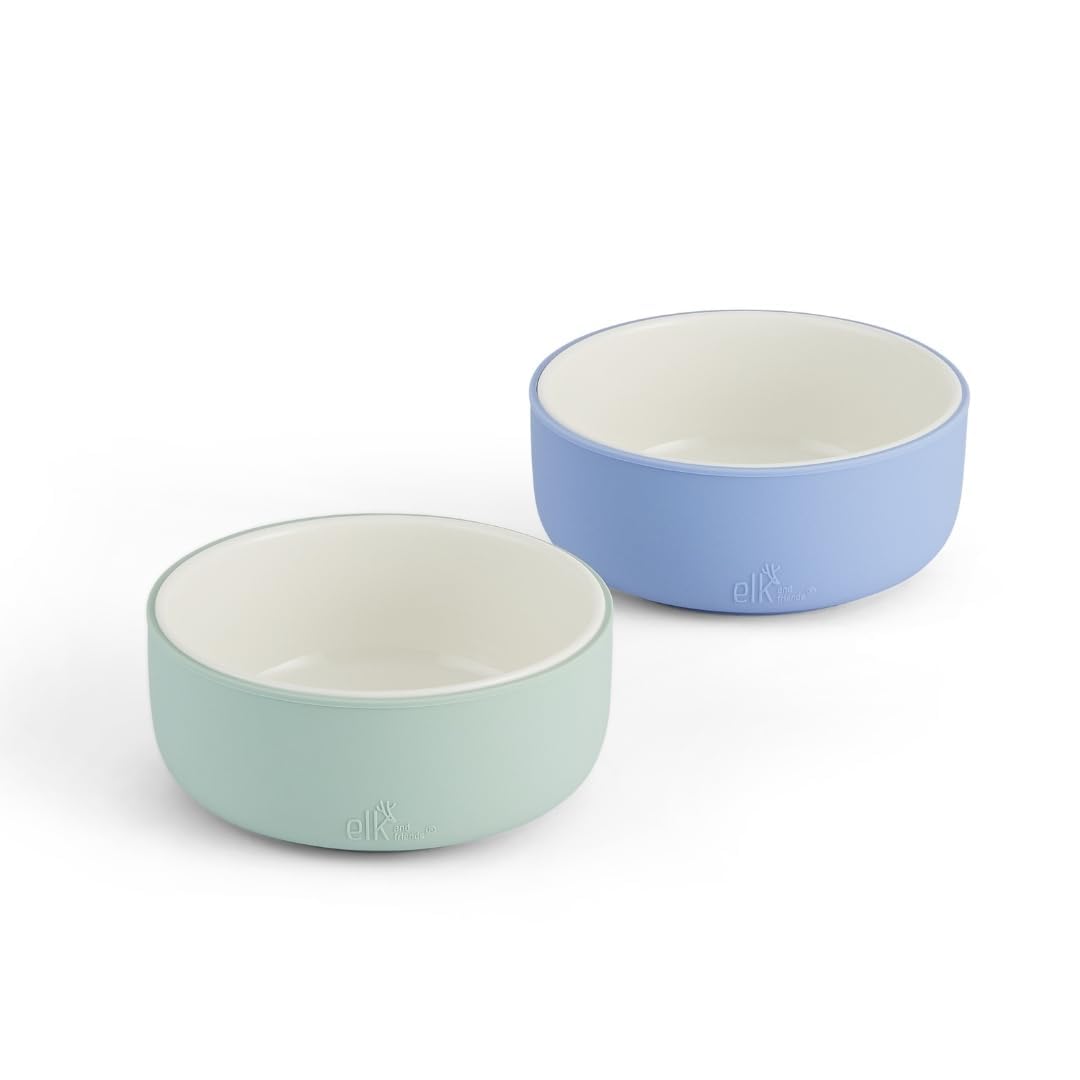 Elk and Friends - Cuencos de porcelana para niños con funda de silicona | Alimentación para niños/niños pequeños/bebés | Apto para microondas y lavaplatos | Antideslizante | Cereal/sopa/aperitivos y