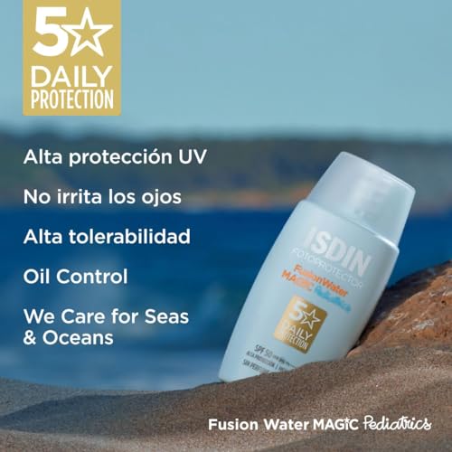 ISDIN fotoprotector fusion water pediatrics spf 50, protector solar facial para ninos, textura ultraligera, no irrita los ojos, 50ml