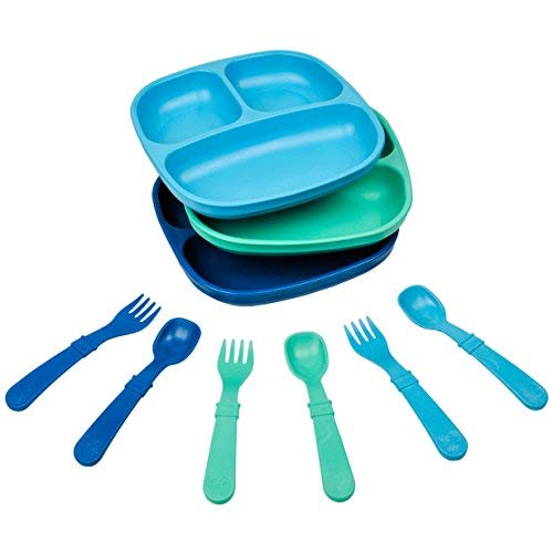 Re-Play - Juego de platos y utensilios divididos de 3 x 3 pulgadas, juego de tenedores y cucharas para niños pequeños, apto para lavaplatos y microondas, fabricado en Estados Unidos, color azul