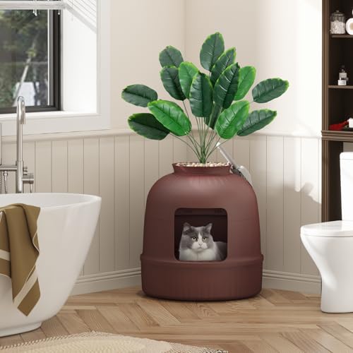 Lifewit Caja de Arena con Planta sintética y Pala para Gatos Grandes, Bandeja de Arena Oculta en Esquina con Control de olores y Filtro de Carbono en salón/Dormitorio/baño, Marrón