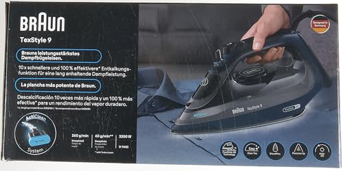 Braun TexStyle 9 SI9682 DB Ferro a vapore con tecnologia FreeGlide 3D, vapore verticale, funzione anti-goccia, funzione autopulente, apertura 330 ml, 260 g/min, 3200 W, blu scuroF