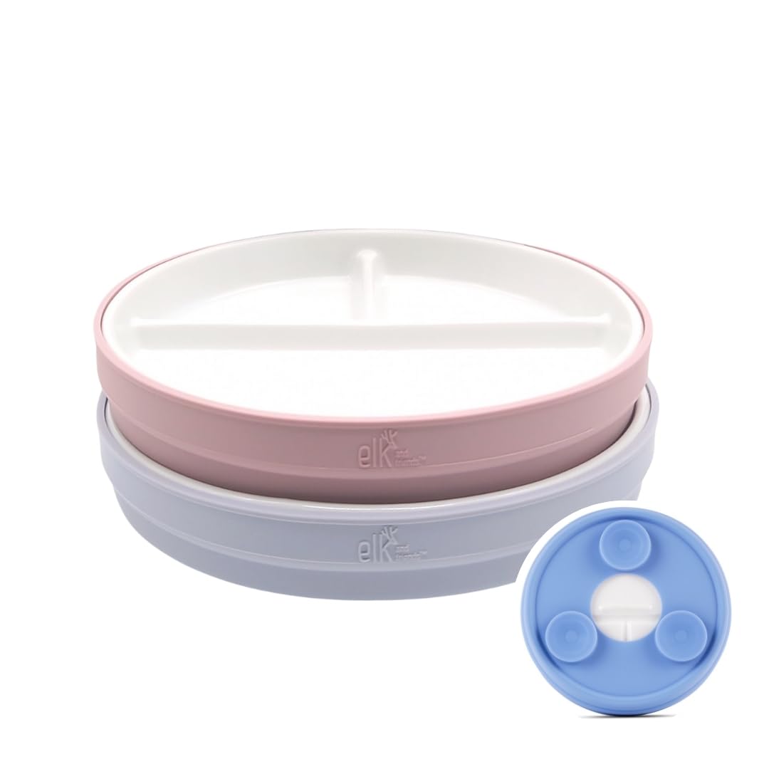 Elk and Friends Kids - Platos divididos de porcelana blanca de 6.7 pulgadas con mangas de succión de silicona, adecuados para bebés/niños pequeños, aptos para microondas y lavavajillas, vajilla para