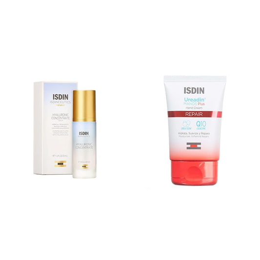 ISDIN Isdinceutics hyaluronic concentrate, serum facial ligero y ultrahidratante, con acido hialuronico - 30ml + Crema de manos hidratante Ureadin Manos Plus 50 ml