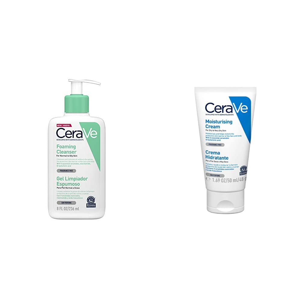 CeraVe Gel Limpiador Espumoso |237ml| Limpiador diario para piel mixta grasa o con acné + crema hidratante |50ml| hidrante diario para rostro y cuerpo para piel seca