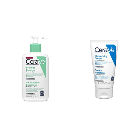 CeraVe Gel Limpiador Espumoso |237ml| Limpiador diario para piel mixta grasa o con acné + crema hidratante |50ml| hidrante diario para rostro y cuerpo para piel seca