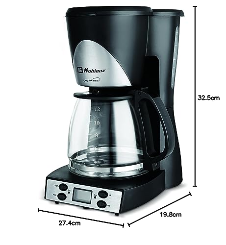 Koblenz Cafetera de Goteo Koblenz para 12 Tazas, 1.5 L, Programable con Timer y Display Digital, 1000 W, Función Antigoteo, Jarra de Vidrio, Filtro Lavable, Negro con Acero Inoxidable (CKM-212 PIN)