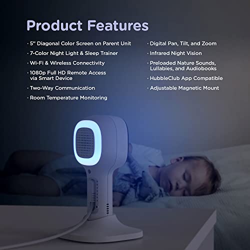 Hubble Connected Nursery PAL Cloud Individual Smart Wi-Fi habilitado para bebé Monitor con Visor de Unidad Principal de Color HD de 5 Pulgadas, 2 Unidades de cámara, Sonidos calmantes precargados,