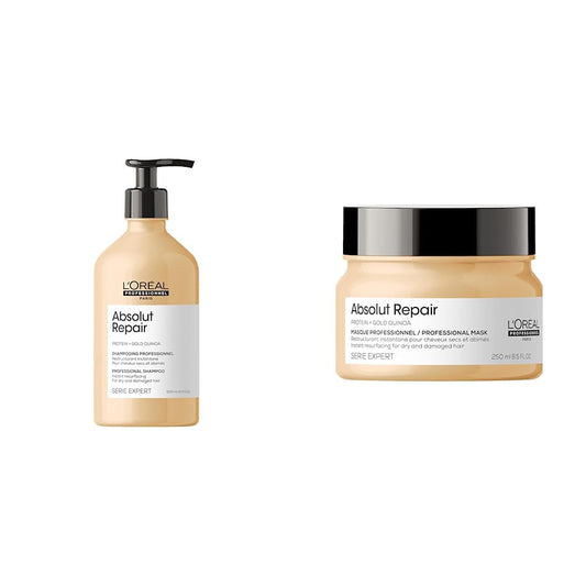 L'Oreal Professionnel Shampoo Reparador Para Cabello Danado 500 Ml Serie Expert Absolut Repair Gold + L'Oreal Professionnel Tratamiento en Mascarilla Reparador Para Cabello Grueso y Danado 250Ml