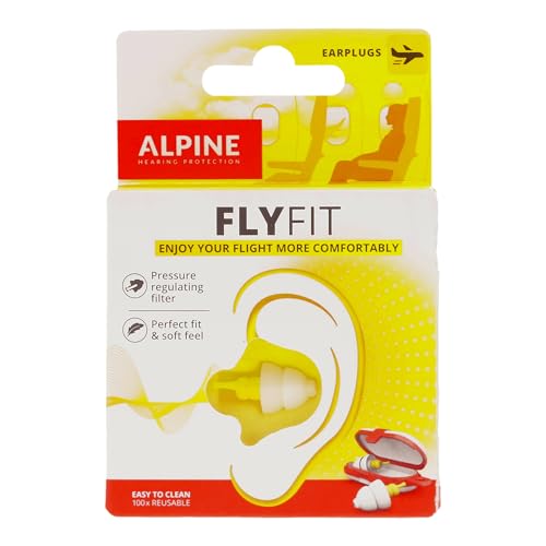 Alpine FlyFit Tapones para los oídos para avión - Regulan la presión del aire para prevenir el dolor de tímpano - Filtros suaves diseñados para viajar - Hipoalergénico cómodo - Tapones reutilizables