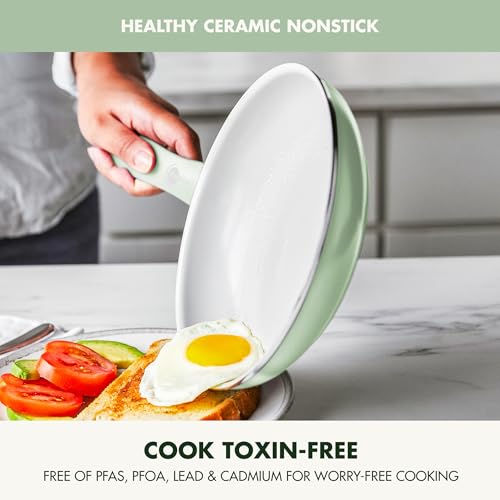 GreenPan Dover Healthy Ceramic antiadherente, juego de 12 ollas y sartenes de cocina, sin PFAS, apto para lavaplatos, mango cómodo, verde pastel