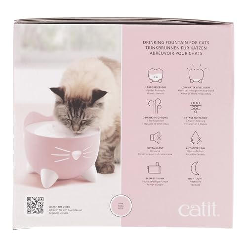 Catit PIXI - Fuente de Agua para Gatos con Triple Filtro y Opciones ergonómicas para Beber, Color Rosa
