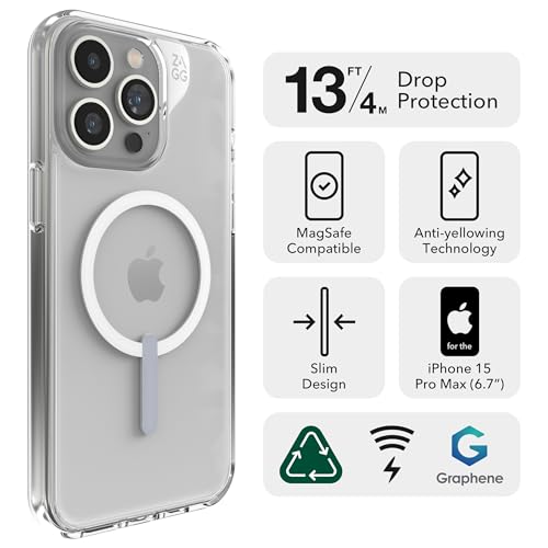 ZAGG Crystal Palace Snap - Funda Transparente para iPhone 15 Pro MAX, protección contra caídas (4 m), grafeno Duradero, antiamarillamiento y Resistente a los arañazos MagSafe